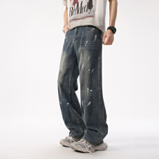 2025高品质夏季潮牌牛仔裤宽松涂鸦直筒裤高街复古洗水怀旧拖地裤
