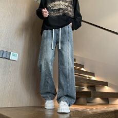 批发2025秋冬新款男生复古抽绳牛仔裤美式青少年直筒宽松百搭休闲长裤