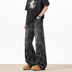 批发美式hiphop裤子高街ins潮牌提花满印设计感牛仔裤男宽松裤