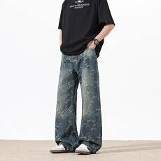 美式hiphop裤子高街ins潮牌提花满印设计感牛仔裤男宽松裤