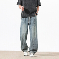 批发2026春季新款男生复古抽绳牛仔裤美式青少年直筒宽松<b class='q'>百搭</b>休闲长裤