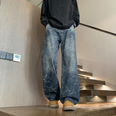 美式hiphop裤子高街ins潮牌提花满印设计感牛仔裤男宽松裤
