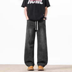 2026春季新款男生复古抽绳牛仔裤美式青少年直筒宽松百搭休闲长裤