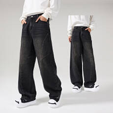 美式复古弯刀裤男小众设计感阔腿宽松痞帅水洗牛仔裤情侣裤子