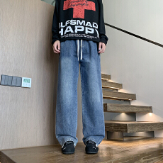 批发2026<b class='q'>春</b>季新款男士高街潮牌牛仔裤 美式抽绳宽松直筒休闲长裤