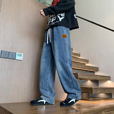 批发2026春季新款潮流水洗牛仔渐变贴标设计宽松直筒男生百搭牛仔<b class='q'>长裤</b>