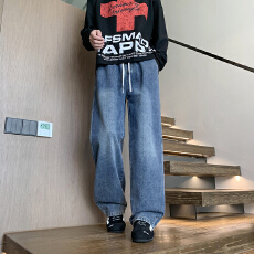 批发2026春季新款潮流水洗牛仔渐变贴标设计<b class='q'>宽松</b>直筒男生百搭牛仔长裤