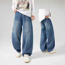 批发新款美式复古弯刀裤男小众设计感阔腿宽松痞帅牛仔裤情侣裤子