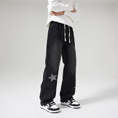 批发星星印花美式抽绳牛仔裤青少年潮牌复古宽松直筒松紧腰百搭长裤