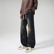 批发2026春季新款潮流宽松直筒百搭水洗泼墨手绘松紧休闲牛仔裤