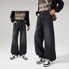 新款美式复古弯刀裤男小众设计感阔腿宽松痞帅水洗牛仔裤情侣裤子