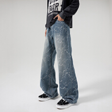 批发2026新款美式hiphop裤子高街ins潮牌提花满印设计休闲宽松牛仔裤