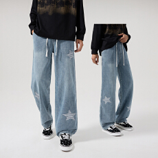 批发2026新款星星印花美式抽绳牛仔裤青少年潮牌复古<b class='q'>宽松</b>直筒百搭长裤