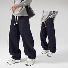 批发2026新款美式复古弯刀裤男小众设计感阔腿宽松痞帅原牛丹宁牛仔裤