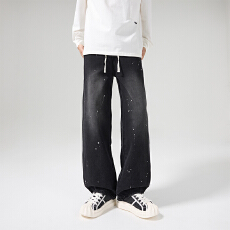 黑色泼墨牛仔裤男2026春季新款复古宽松休闲水洗做旧痞帅直筒长裤