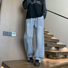 批发2026春季新款<b class='q'>男</b>士高街潮牌牛仔裤美式抽绳宽松直筒休闲百搭牛仔裤
