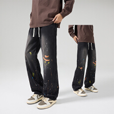 批发2026春季<b class='q'>新款</b>潮流宽松直筒百搭水洗泼墨手绘松紧休闲牛仔裤