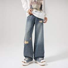 2026新款美式高街泊克多破洞牛仔男潮牌宽松直筒网红休闲百搭长裤