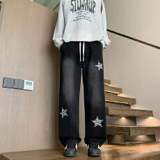 批发2026新款星星印花美式抽绳牛仔裤青少年<b class='q'>潮</b>牌复古宽松直筒百搭长裤