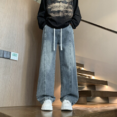 批发2026春季新款男生复古抽绳牛仔裤美式青少年直筒宽松百搭休闲长裤