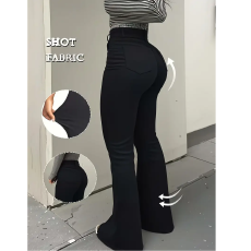 批发跨境女装大码女式黑色牛仔弹力喇叭休闲裤