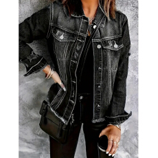 批发跨境女式破洞牛仔外套