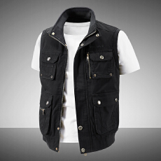 批发跨境 纯棉工装马甲男多口袋<b class='q'>户外</b>钓鱼马甲<b class='q'>宽松</b>大码立领坎肩  控158