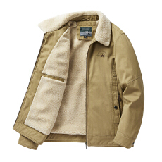 批发跨境 加绒外套男士休闲翻领工装夹克爸爸冬季大码加厚羊羔绒棉衣