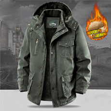 跨境 中长款加绒加厚棉袄男士冬季工装多口袋防寒棉服外套 控228