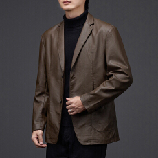 批发春<b class='q'>秋</b>高级感男士西装领皮衣夹克商务时尚春<b class='q'>秋</b>防真皮西装外套 控178