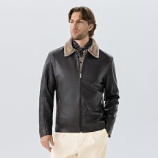 批发跨境专供 皮毛一体毛领皮衣<b class='q'>男</b>士秋冬潮牌加厚加绒翻领修身机车服