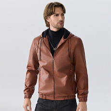 批发跨境专供 皮夹克<b class='q'>男士</b>高级感外套轻奢加绒保暖男秋冬季PU连帽外套