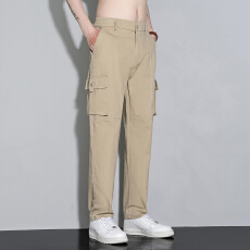 跨境 春秋男士工装长裤宽松纯棉休闲裤男高腰松紧多口袋男款长裤