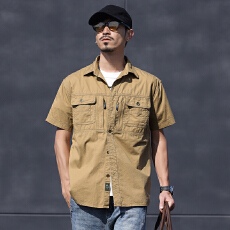 夏季美式工装短袖衬衫男士薄款翻领硬汉宽松大码休闲纯棉中衬衣