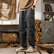 春秋日系户外机能棉感夏季薄款多口袋宽松直筒工装裤男休闲裤子
