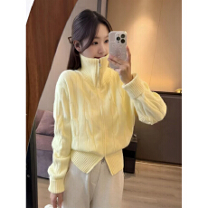批发<b class='q'>甜美</b>小鸡黄针织衫外套女秋冬高领麻花双拉链开衫上衣减龄软糯毛衣