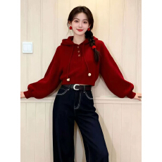 批发2026超火冬装一整套连帽红色卫衣女打底衫上衣直筒<b class='q'>牛仔</b>裤气质<b class='q'>套装</b>