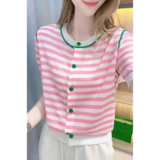 批发减龄条纹撞色圆领开<b class='q'>衫</b>女2026夏季新款针织<b class='q'>衫</b>小众圆领短袖百搭上衣