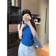 批发法式半高领蓝色针织背心女夏外穿设计感小众紧身辣妹修身无袖上衣