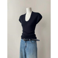 紫色u领针织衫落肩袖T恤女薄款夏季洋气独特别致修身温柔显瘦上衣