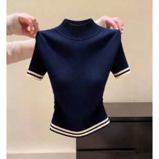 批发高级感黑色半<b class='q'>高领</b>短袖针织<b class='q'>打底衫</b>女夏季新款休闲通勤百搭显瘦上衣