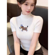 批发韩系白色刺绣半<b class='q'>高领</b>针织衫女2026早春新款修身内搭<b class='q'>打底衫</b>短袖上衣