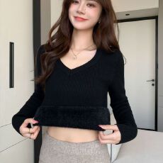 批发针织衫V领内搭打底女2026冬季修身毛衣长袖一体<b class='q'>加绒</b>加厚保暖上衣