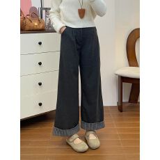 批发灰色毛呢<b class='q'>休闲</b>裤女秋冬加绒大码胖妹妹梨型身材宽松显瘦卷边阔腿裤