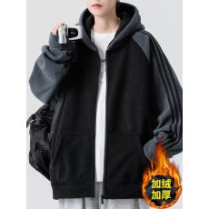 秋冬新款撞色拼接摇粒绒加厚加绒连帽外套男宽松显瘦保暖开衫上衣