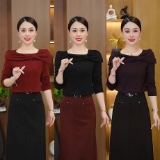 批发长袖蝴蝶结T恤女<b class='q'>秋</b>季洋气设计感打底衫方领百搭气质小衫别致上衣