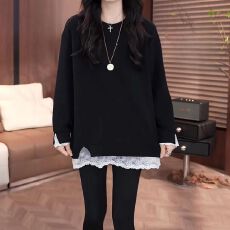 批发2025<b class='q'>秋</b>冬季时尚新款设计感假两件显瘦长袖T恤女拼接蕾丝打底上衣