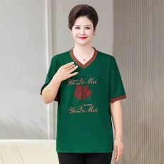 批发新款V领短袖胖mm宽松休闲百搭时尚t恤夏季网红大码中<b class='q'>老年</b>烫钻女装