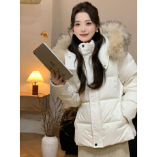 批发爆卖款90白鸭绒连帽宽松时尚百搭休闲显瘦气质保暖大毛领羽绒外套