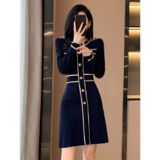 批发法式轻熟风亮丝圆领针织裙秋季新款小香风轻奢气质款<b class='q'>撞色</b><b class='q'>连衣裙</b>